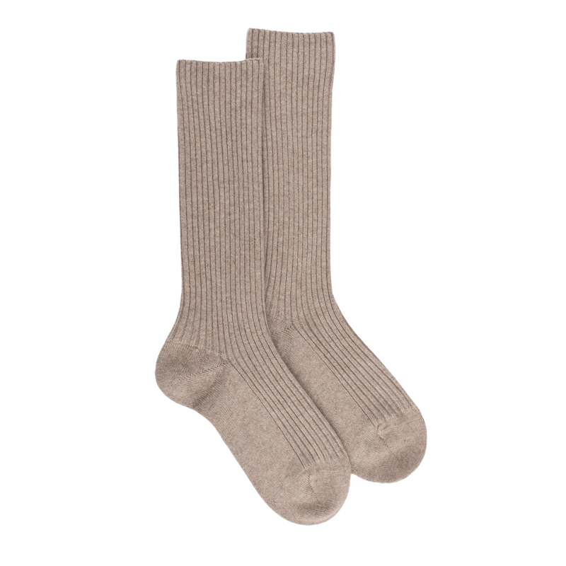 Chaussettes cotelees pour femmes en laine vierge viscose et caschmere coloris unis. Beige chrysalide Dore