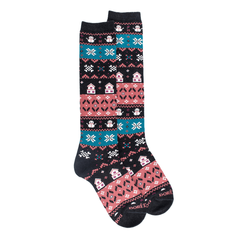 Chaussettes longues en coton pour femmes avec motif grec de Noël - Gris anthracite | Doré Doré
