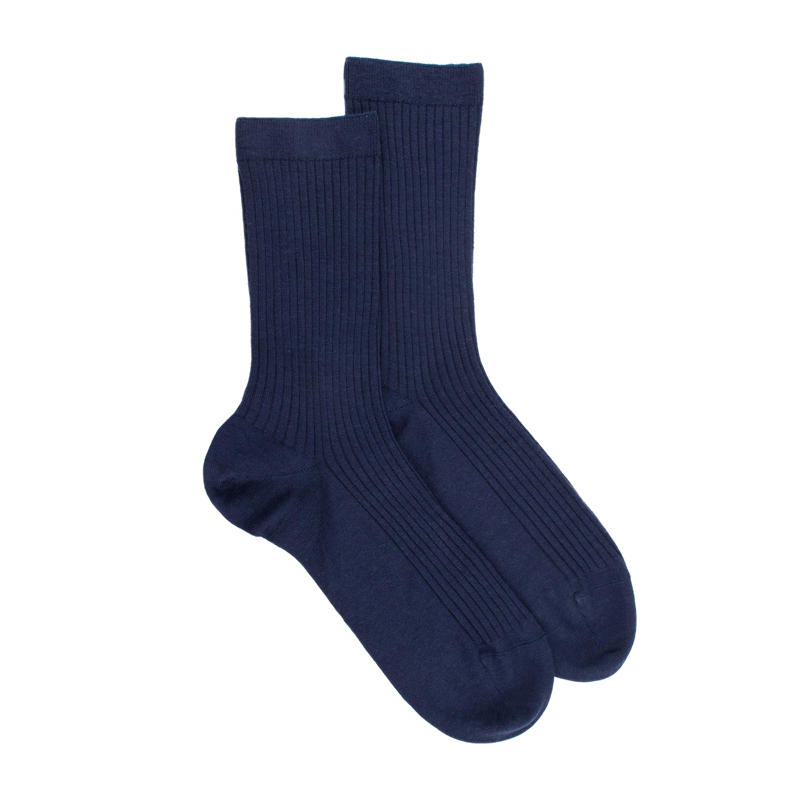 Chaussettes en laine unie côtelée pour femmes - Bleu Caban | Doré Doré