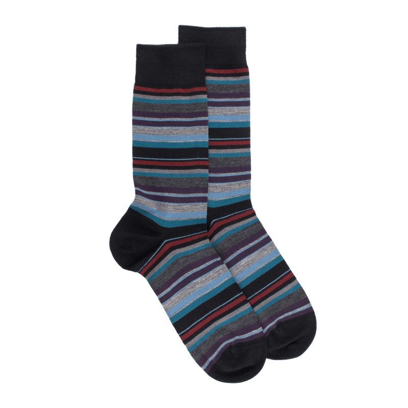 Chaussettes homme en coton à rayures fines multicolores - Noir & Rouge pommard | Doré Doré