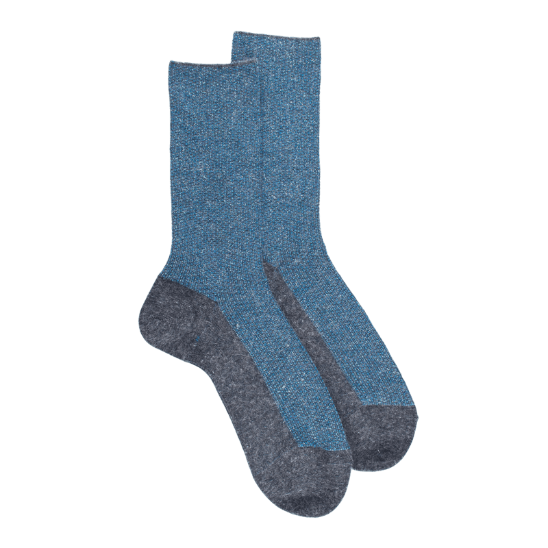 Chaussettes femme en laine et angora sans bord élastique effet brillant - Bleu pêcheur & Violet | Doré Doré
