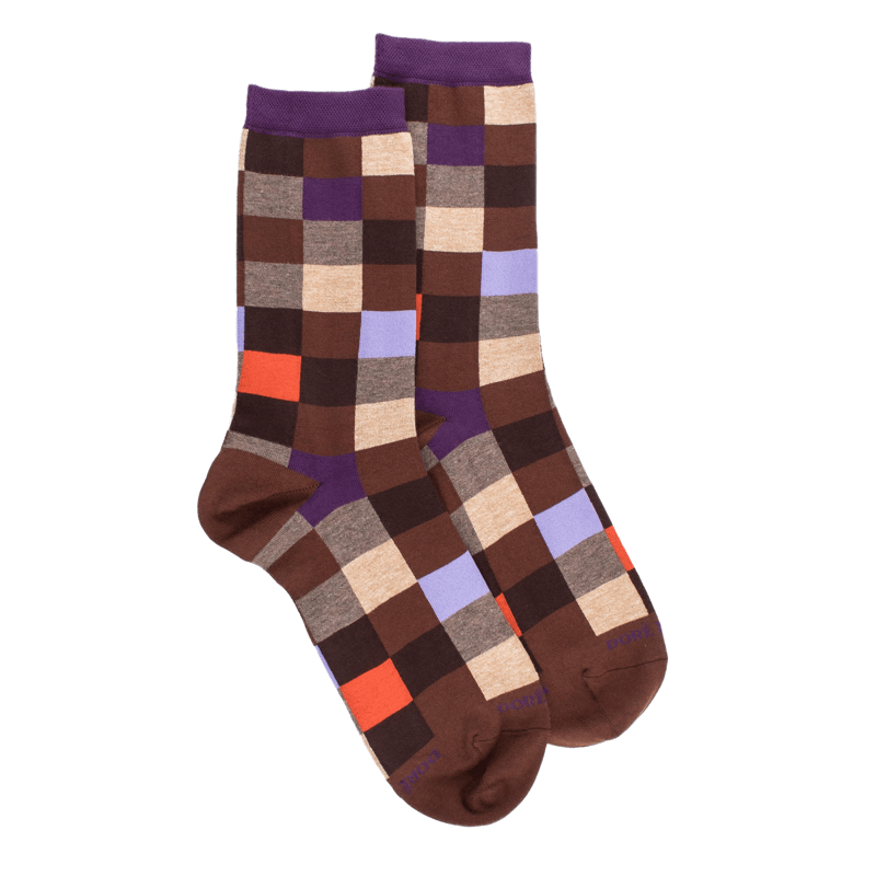Chaussettes femme échiqiuer en coton égyptien - Marron cacao & Quetsche | Doré Doré