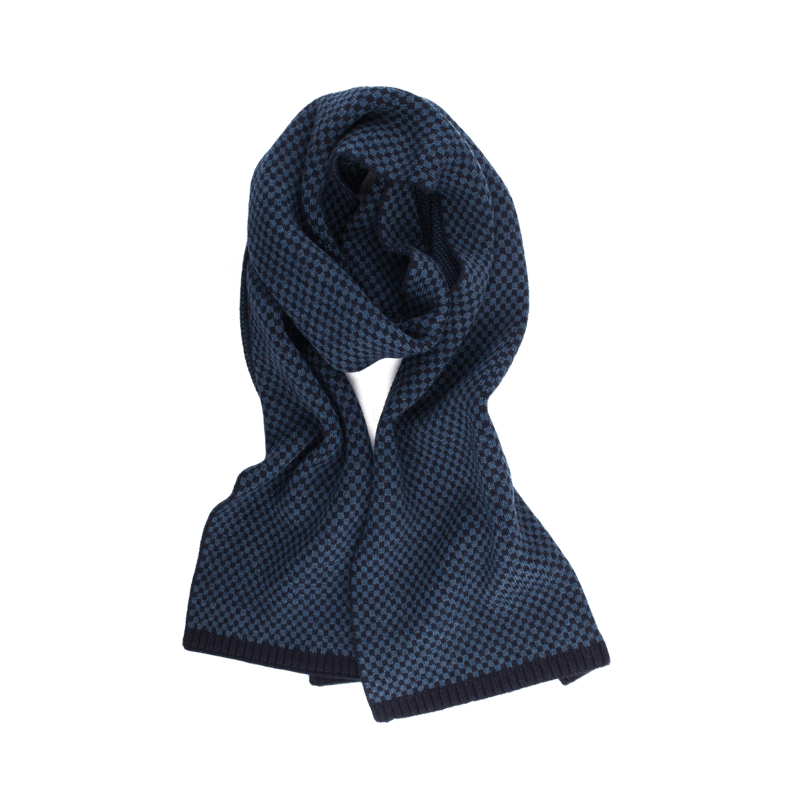 Écharpe pour homme en laine vierge à motifs rectangulaires bicolores. - Bleu marine foncé & Bleu armée | Doré Doré