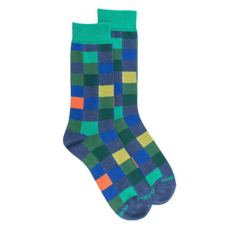 Chaussettes homme échiquier en coton - Bleu pêcheur | Doré Doré