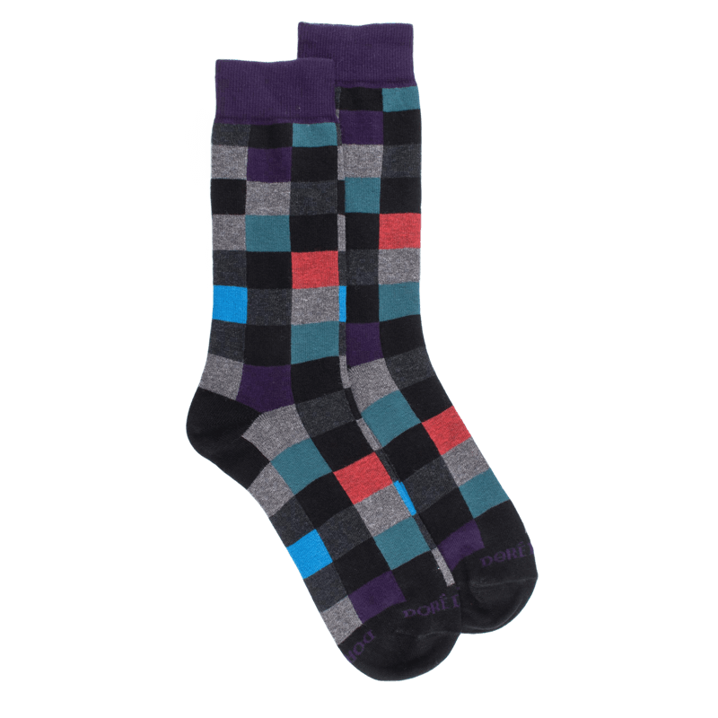 Chaussettes homme échiquier en coton - Noir & Violet | Doré Doré
