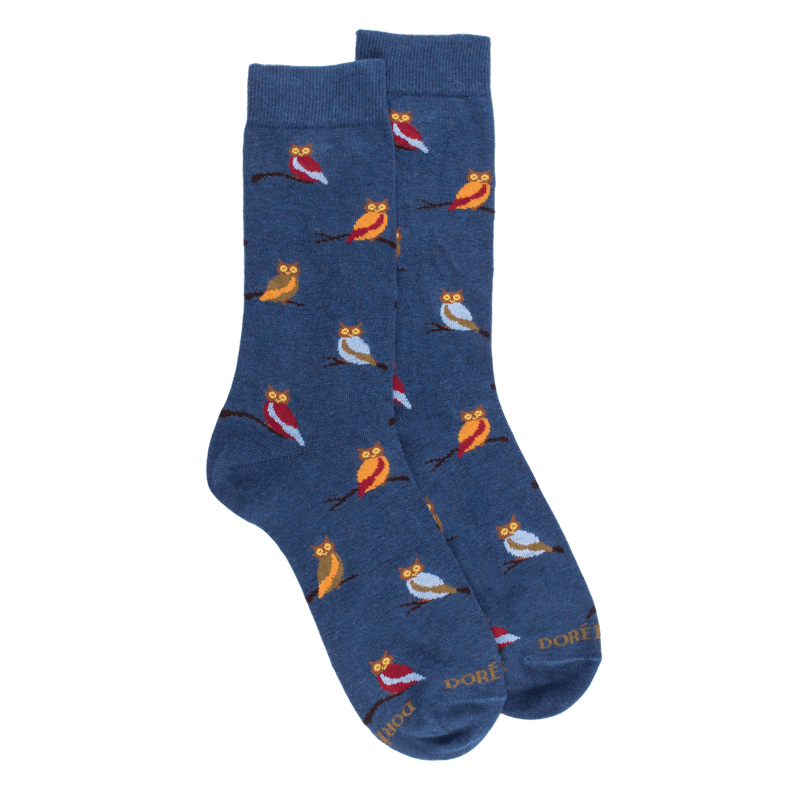 Chaussettes homme en coton motif hibou - Bleu pêcheur & Bleu Macadam | Doré Doré