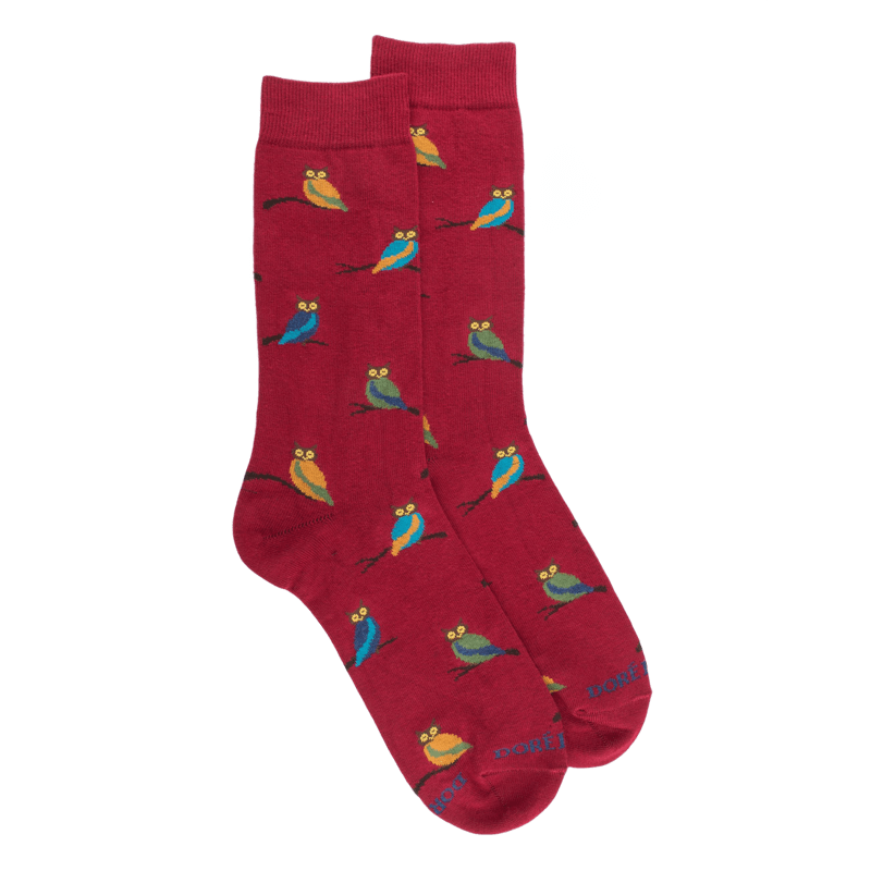 Chaussettes homme en coton motif hibou - Rouge amarante & Vert Campagne | Doré Doré