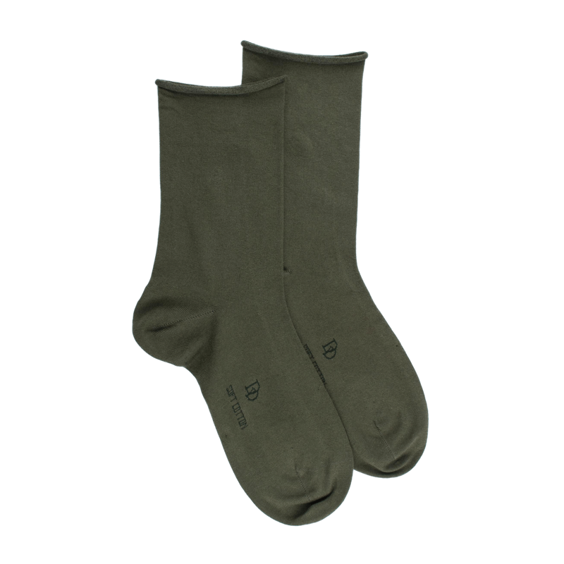 Chaussettes femme en coton doux avec bords roulés - Vert mélèze | Doré Doré