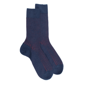 Chaussettes côtelé bicolores homme en laine et coton doux - Bleu Caban & Rouge brique | Doré Doré