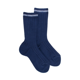 Chaussettes pour enfants en fil d'Ecosse uni et côtelé - Bleu Voilier | Doré Doré