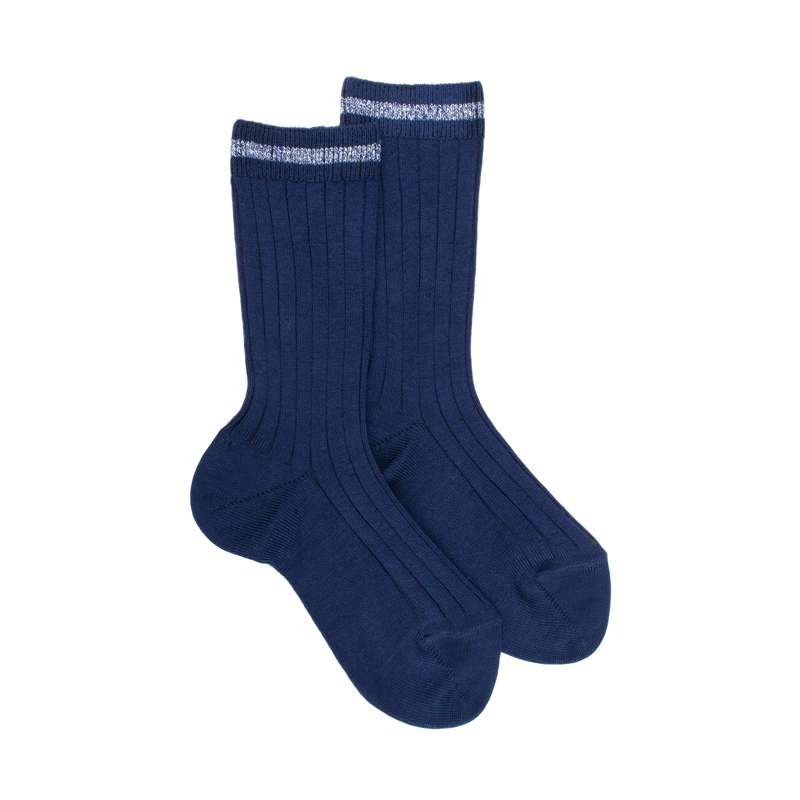 Chaussettes pour enfants en fil d'Ecosse uni et côtelé - Bleu Voilier | Doré Doré