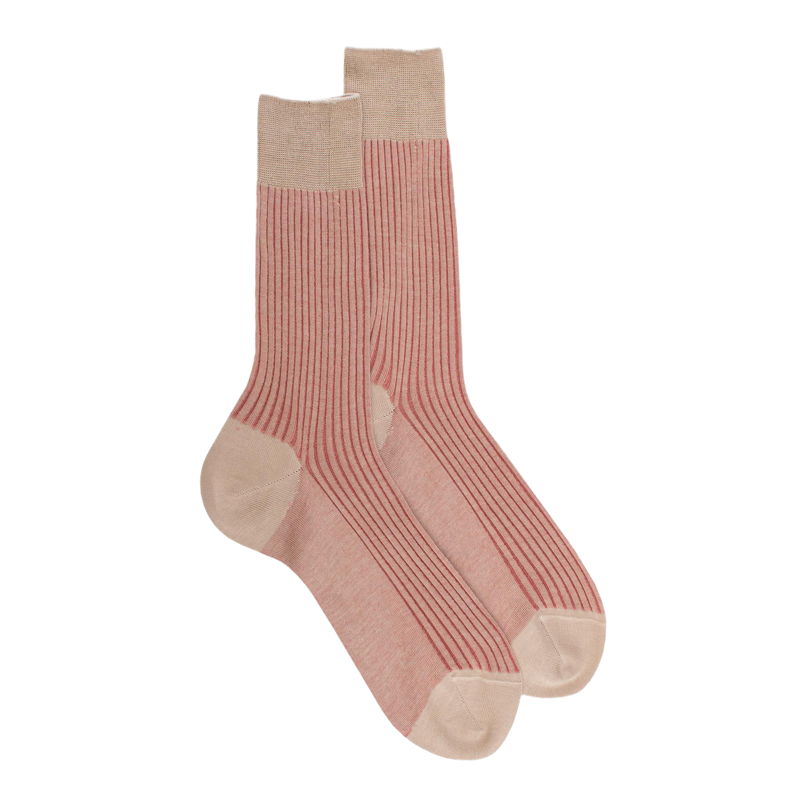 Chaussettes homme à côtes bicolores en fil d'Écosse - Beige Grège | Doré Doré
