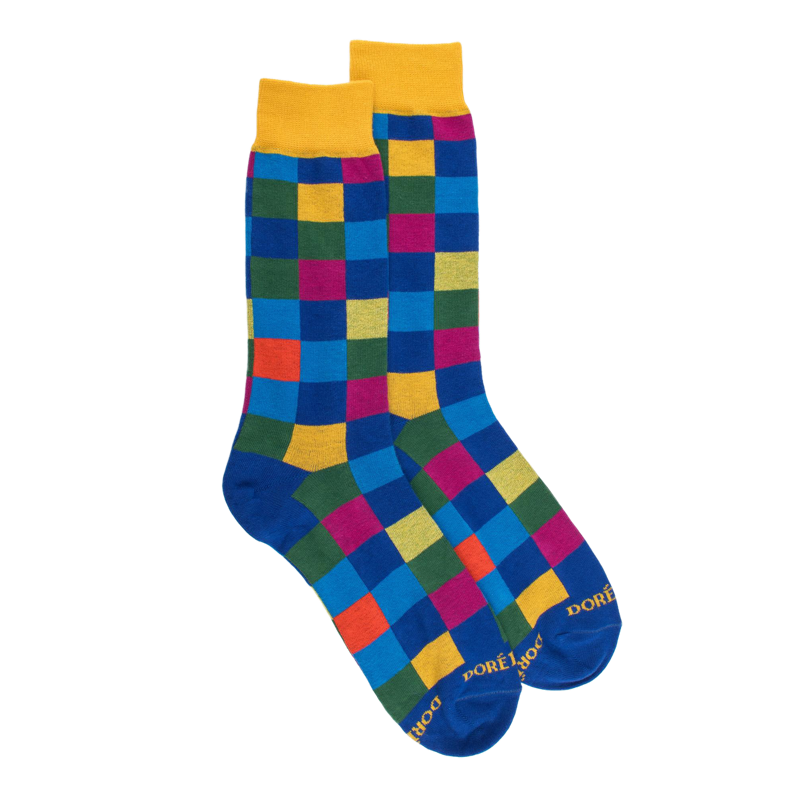 Chaussettes homme échiquier en coton - Bleu & Jaune Moutarde | Doré Doré
