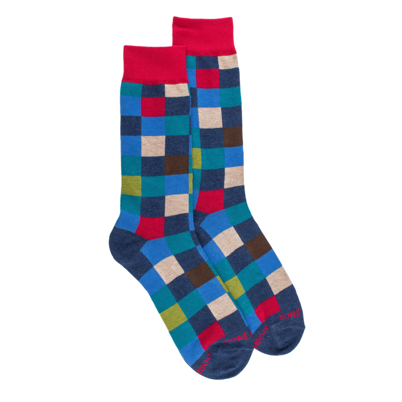 Chaussettes homme échiquier en coton - Bleu Pêcheur & Rouget | Doré Doré