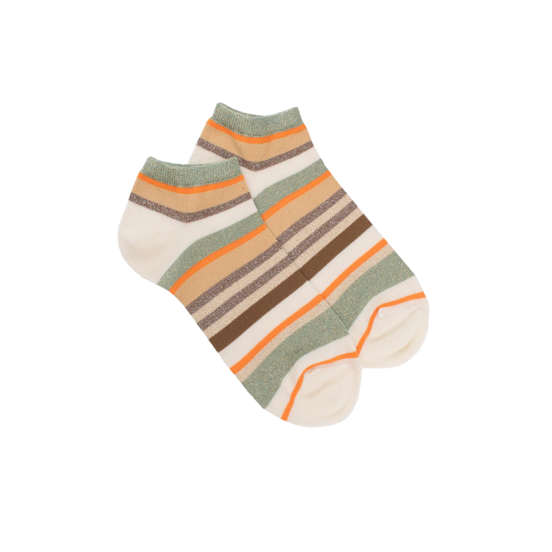Socquettes femme à rayures en coton avec effet brillant - Écru & Vert Sauge | Doré Doré