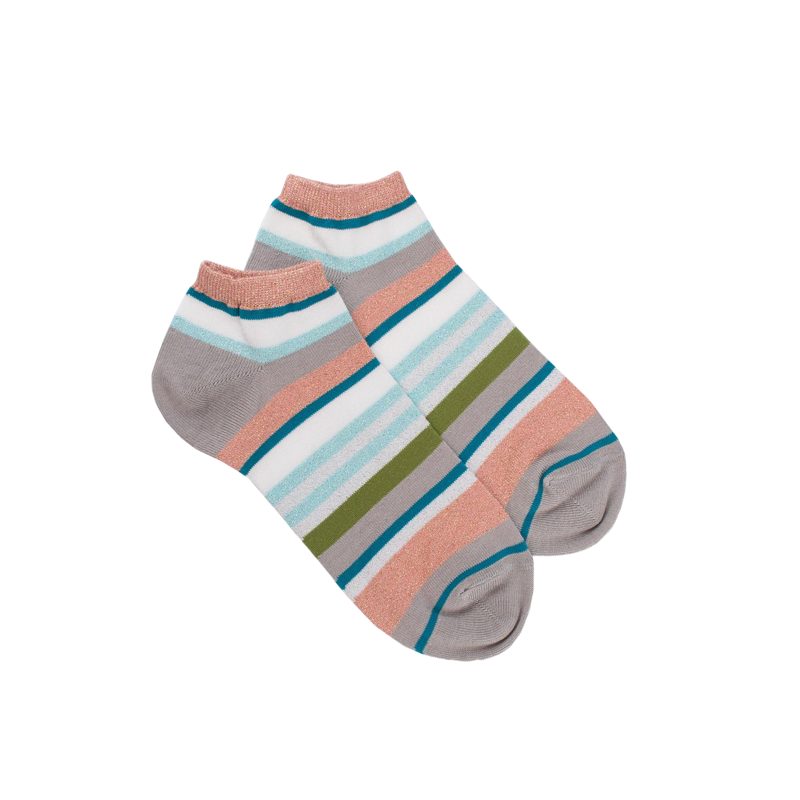 Socquettes femme à rayures en coton avec effet brillant - Gris Métal & Rose Praline | Doré Doré
