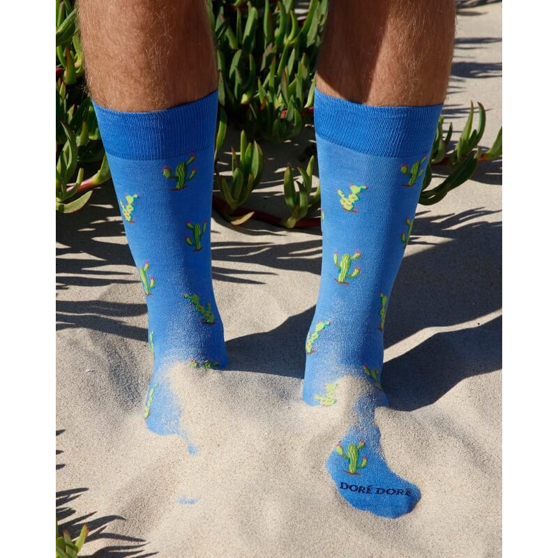 Chaussettes pour hommes en fil d'Ecosse à motifs de cactus - Bleu Bassin | Doré Doré