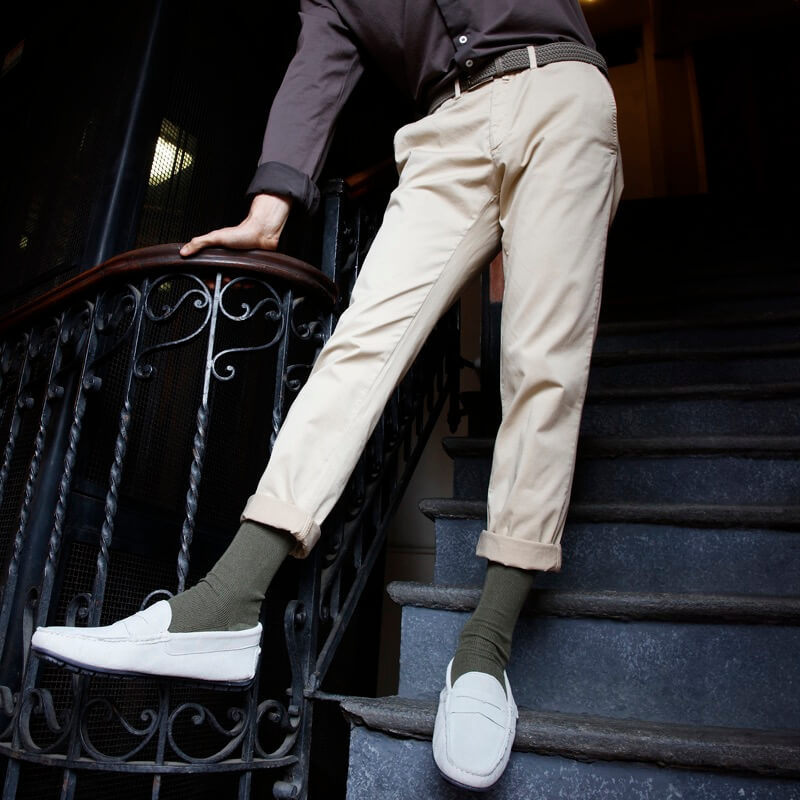 Chaussettes homme à côtes sans bord élastique en coton égyptien - Kaki | Doré Doré