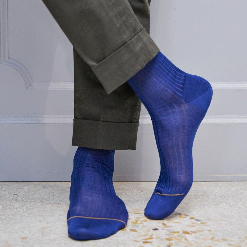 Chaussettes homme Luxe fines à côtes en fil d'Écosse - Bleu Voilier | Doré Doré