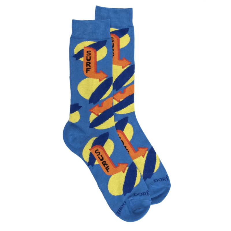 Chaussettes fantaisie homme en fil d'écosse motif Surf - Bleu bassin | Doré Doré