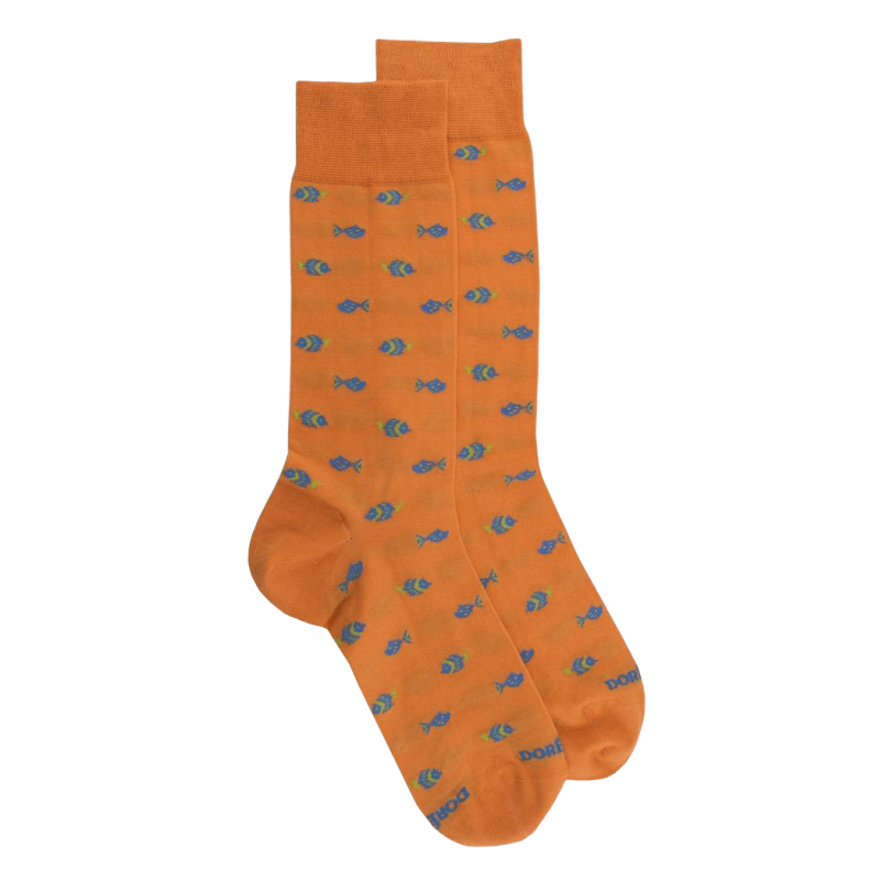 Chaussettes fantaisie homme en fil d'écosse motif poissons - Orange | Doré Doré