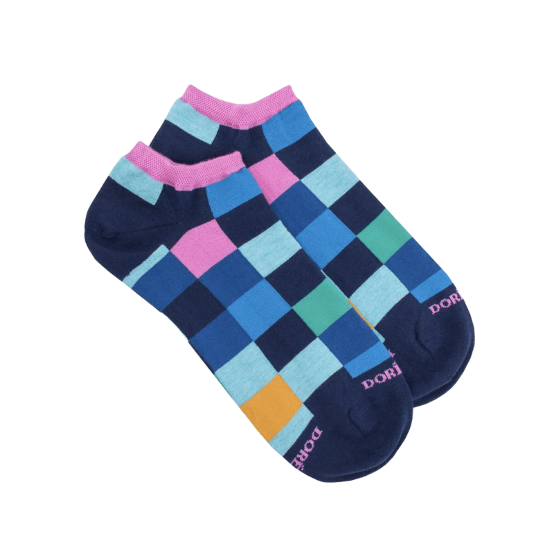 Socquettes femme échiqiuer en coton égyptien - Bleu marine et rose | Doré Doré