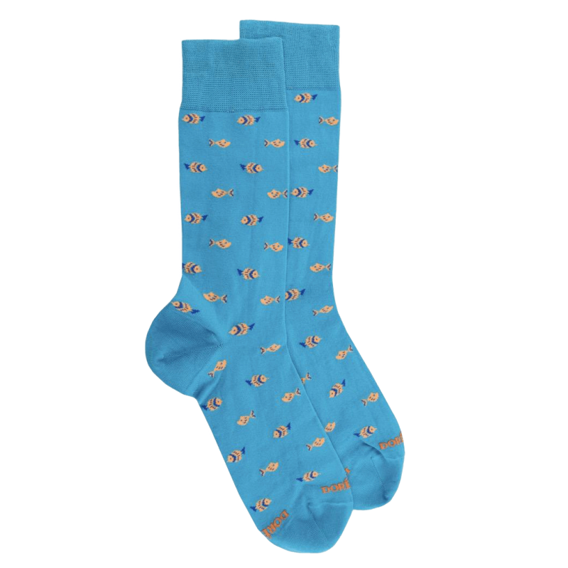 Chaussettes fantaisie homme en fil d'écosse motif poissons - Bleu ciel |  Doré Doré