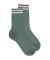 Chaussette femme ajourées  en fil d'Écosse avec rayures contrasté sur bord-côte  - Vert Basilic & Gris Ciment