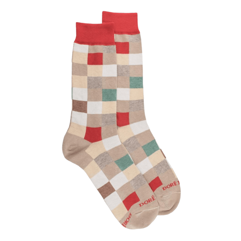 Chaussettes homme échiquier en coton égyptien - Beige Grège & Rouge Ponceau | Doré Doré