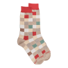 Chaussettes homme échiquier en coton égyptien - Beige Grège & Rouge Ponceau