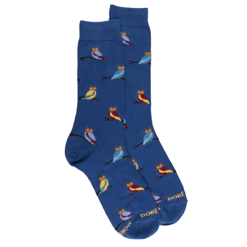 Chaussettes fantaisie homme motifs hibou - Bleu | Doré Doré