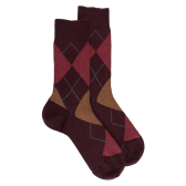 Chaussettes homme en laine mérinos et motifs jacquard à losanges - Aubergine et écureuil | Doré Doré