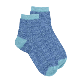 Socquettes coton à motifs géométriques et bord lurex - Bleu | Doré Doré