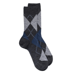 Chaussettes homme en laine mérinos et motifs jacquard à losanges - Gris anthracite | Doré Doré