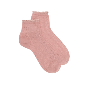 Socquettes femme ajourées en fil d'Écosse avec bord-côte contrasté effet brillant  - Rose Praline | Doré Doré