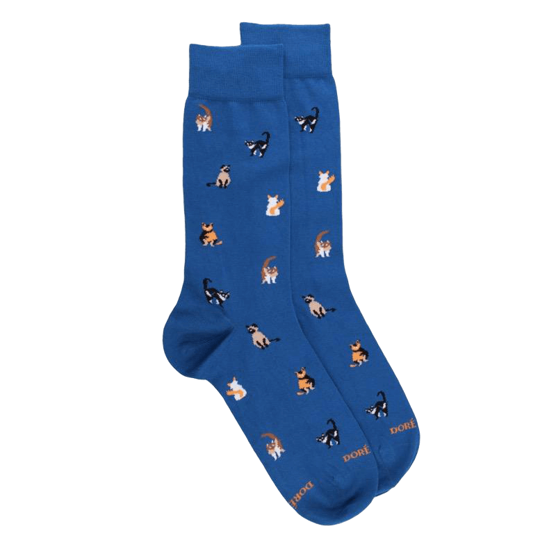 Chaussettes homme en coton à motifs chats - Bleu Cosmos | Doré Doré