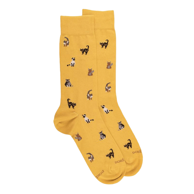 Chaussettes homme en coton à motifs chats - Jaune Moutarde | Doré Doré