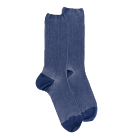 Chaussettes homme à côtes sans bord élastique en fil d'Écosse - Bleu Voilier & Gris Brouillard | Doré Doré