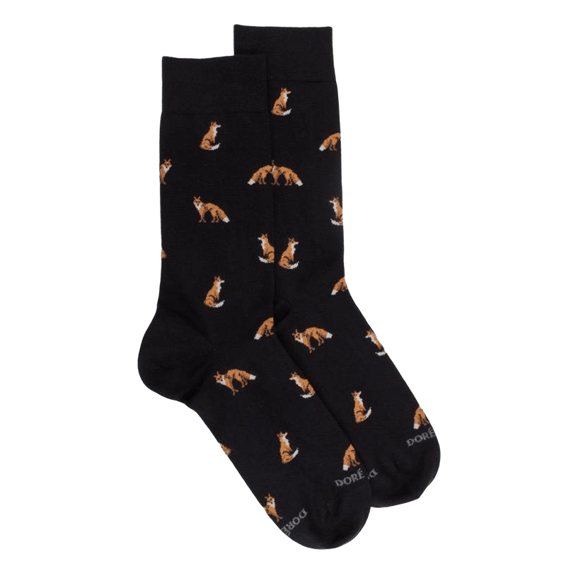 Chaussettes homme en coton à motif renard - Noir | Doré Doré