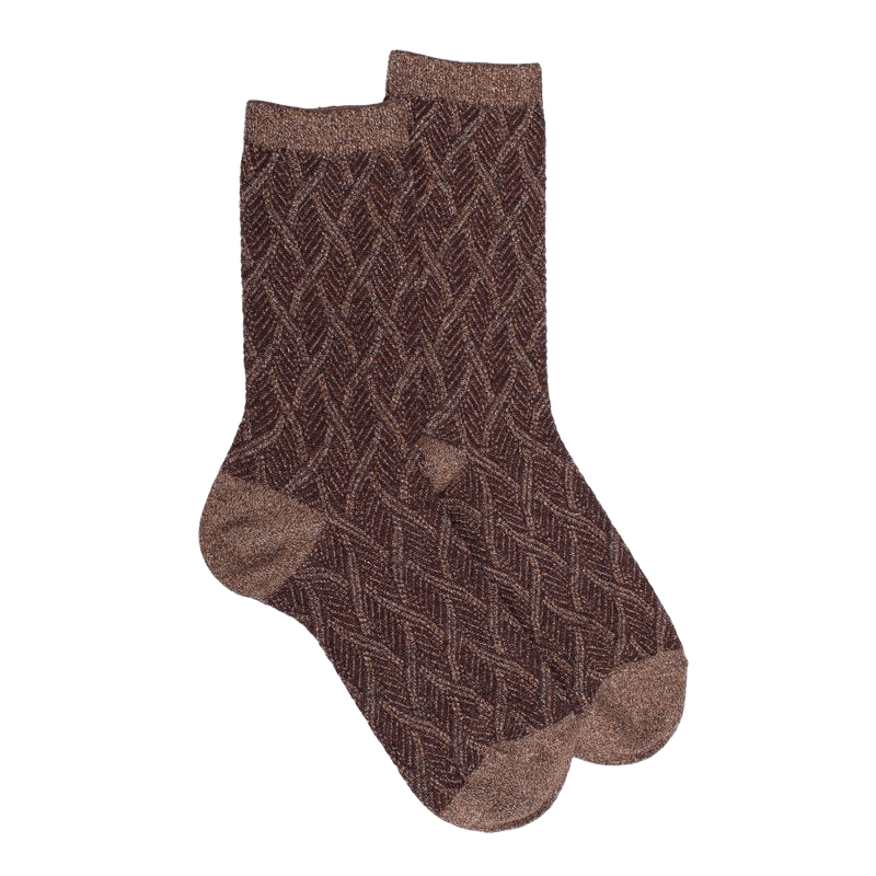 Chaussettes femme en coton et laine à motif entrelacés effet brillant - Noisette | Doré Doré