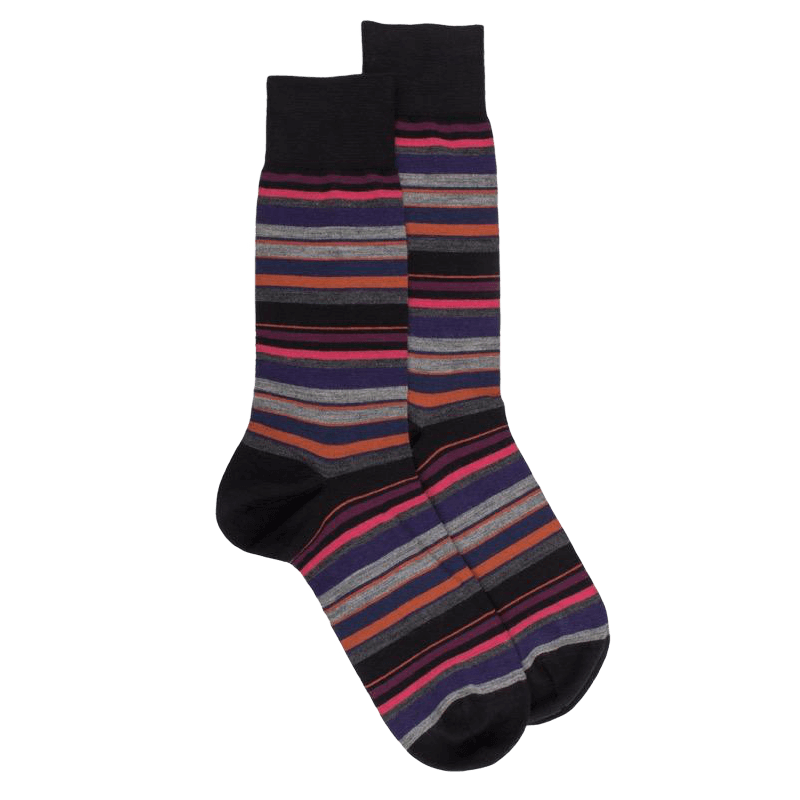 Chaussettes rayures fines multicolores en laine mérinos - Noir & rouge sangria | Doré Doré