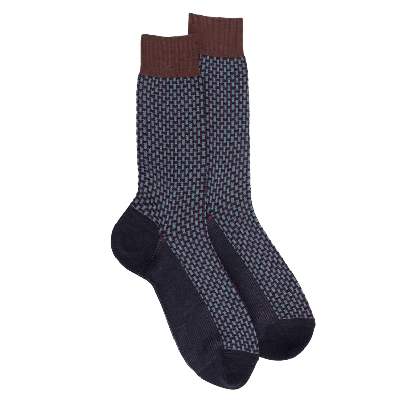 Chaussettes homme en laine à motif à trois couleurs - Bleu corsaire & cacao | Doré Doré