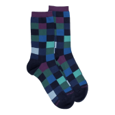 Chaussettes femme échiqiuer en coton égyptien - Bleu Matelot & Quetsche | Doré Doré