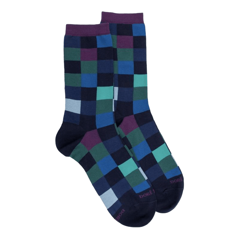 Chaussettes femme échiqiuer en coton égyptien - Bleu Matelot & Quetsche | Doré Doré