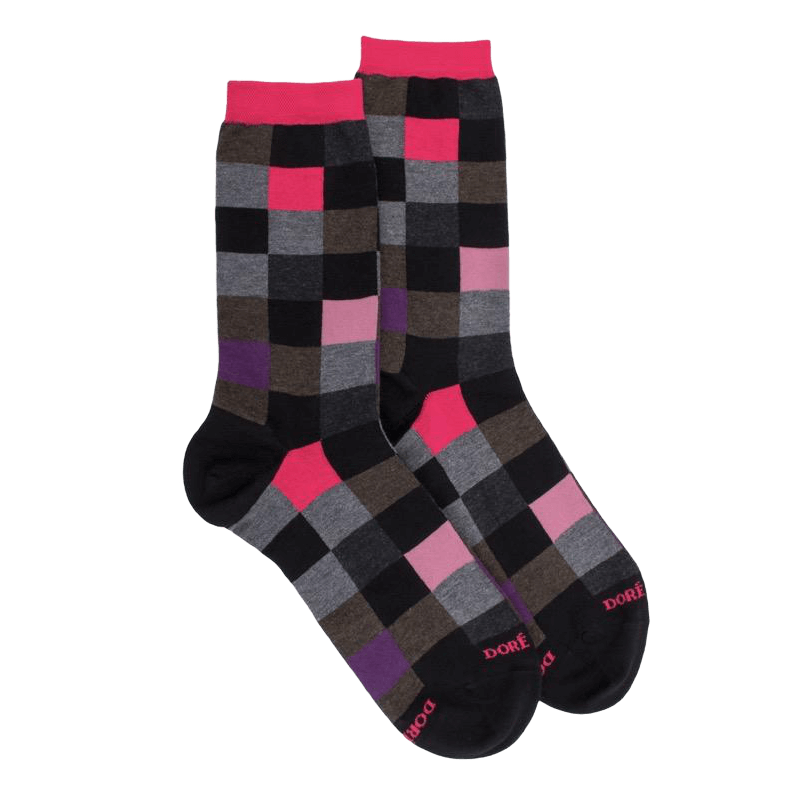 Chaussettes femme échiqiuer en coton égyptien - Noir & rouge cerise | Doré Doré