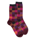 Chaussettes femme échiqiuer en coton égyptien - Aubergine & Gris anthracite | Doré Doré