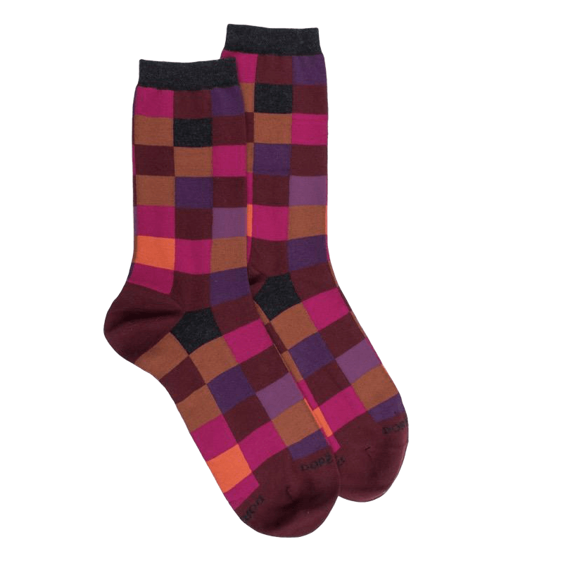 Chaussettes femme échiqiuer en coton égyptien - Aubergine & Gris anthracite | Doré Doré