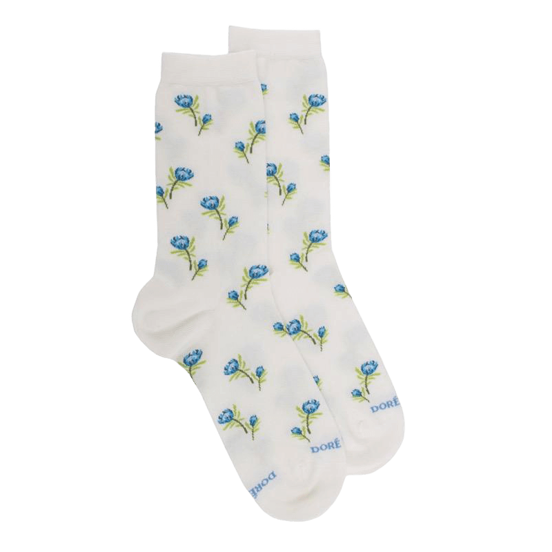 Chaussettes femme en fil d'Écosse à motifs fleurs - Blanc Givre | Doré Doré