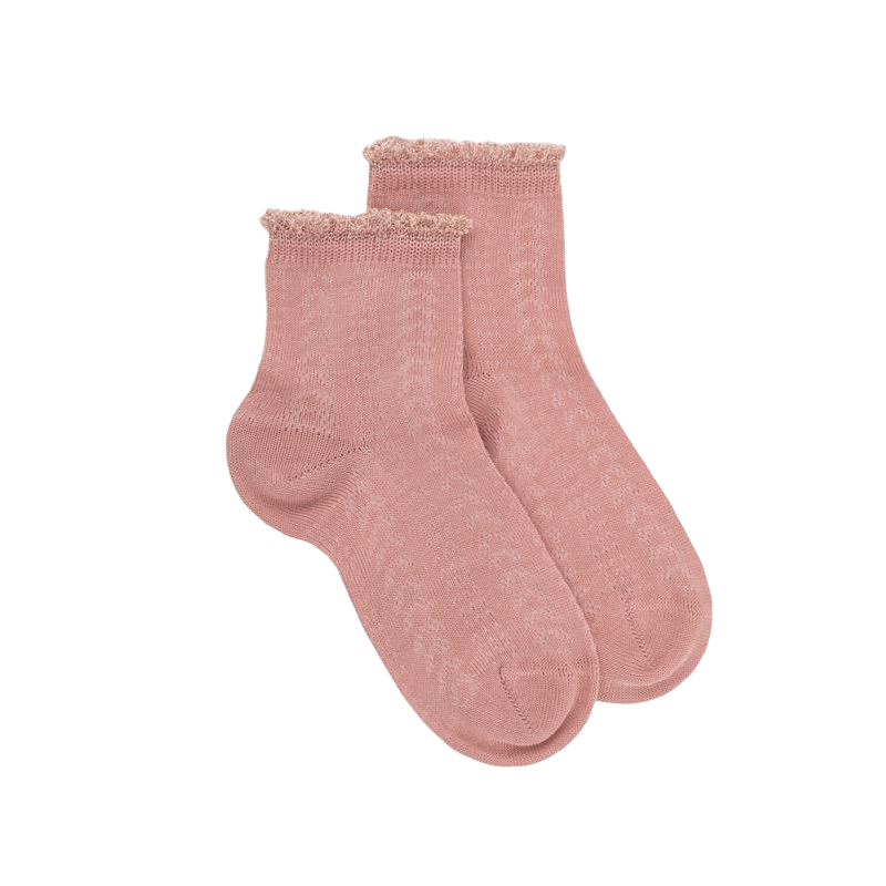 Socquettes enfant ajourées en fil d'Écosse avec bord-côte contrasté effet brillant - Rose Praline | Doré Doré