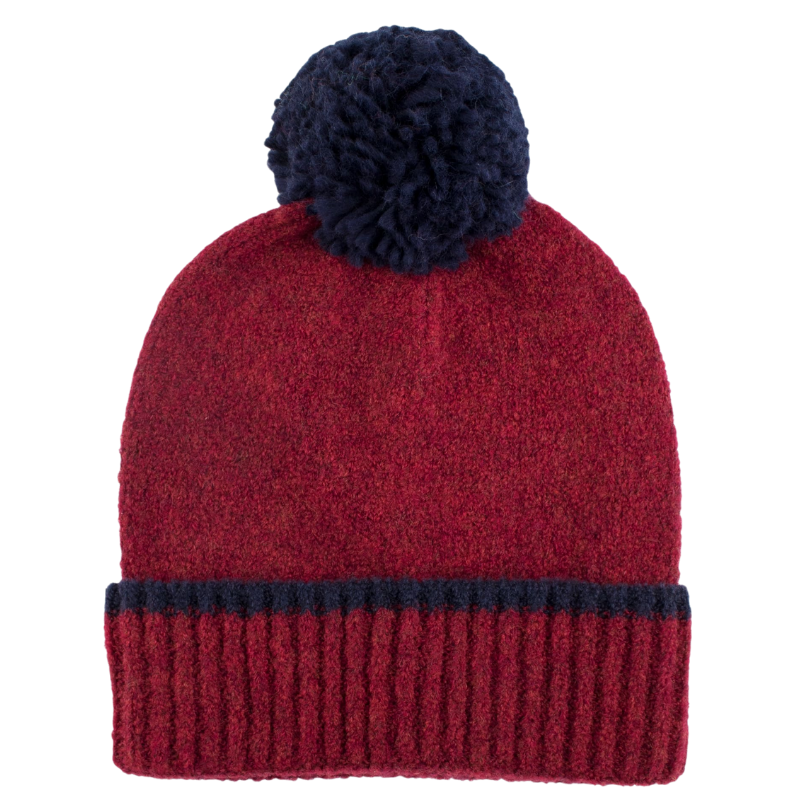 Bonnet à pompon en laine polaire - Rouge foncé et bleu | Doré Doré